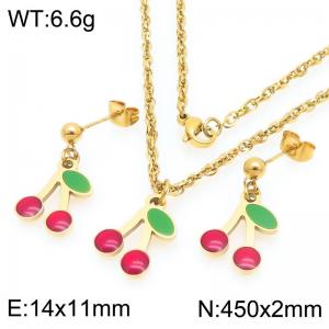 Boho Cherry Charm Jewelry Sets Women's Gold Color Stainless Steel Neckalce & Earrings - KS226007-Z