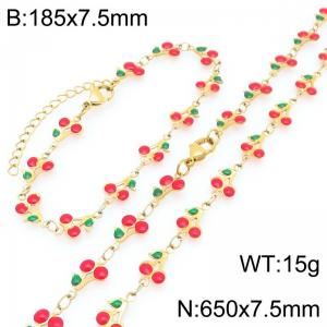 Boho Cherry Charm Jewelry Sets Women's Gold Color Stainless Steel Bracelet & Necklace - KS226035-Z