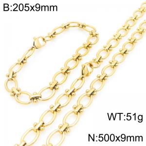 Fashionable and personalized stainless steel 210 ×9mm&500 ×9mm cross oval splicing chain lobster buckle temperament gold set - KS226036-ZCG