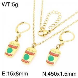 Fashion stainless steel colored coffee cup earrings and necklace two-piece set - KS226066-Z