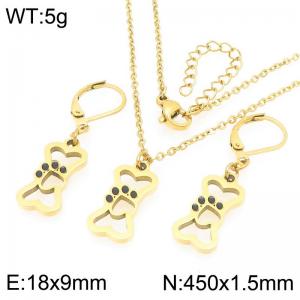 Fashion stainless steel hollow bone and dog paw earrings and necklace two-piece set - KS226069-Z