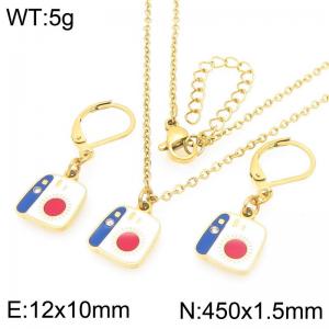 Fashion stainless steel diamond studded color camera earrings and necklace two-piece set - KS226071-Z