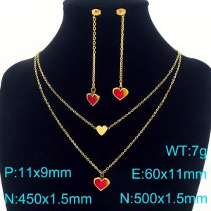 Fashion stainless steel double heart earrings and necklace two-piece set - KS226077-Z