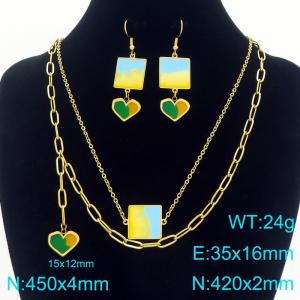 Fashion stainless steel color block and heart-shaped earrings and necklace two-piece set - KS226078-Z