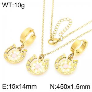 Fashion countryside style stainless steel color diamond studded horseshoe ring and flower earrings and necklace two-piece set - KS226080-Z