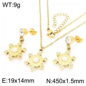 Personalized design stainless steel diamond and pearl gear earrings necklace two-piece set - KS226096-Z