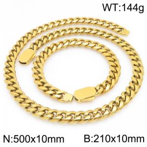 10mm Gold Smooth Chain Stainless Steel Jewelry Set For Men, 50cm Necklace 21cm Bracelet - KS226836-Z