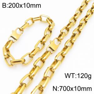 10mm Gold Rectangular Chain Stainless Steel Jewelry Set For Men, 70cm Necklace 20cm Bracelet - KS226856-Z