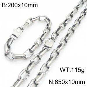 10mm Silver Rectangular Chain Stainless Steel Jewelry Set For Men, 65cm Necklace 20cm Bracelet - KS226862-Z