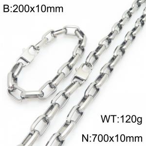 10mm Silver Rectangular Chain Stainless Steel Jewelry Set For Men, 70cm Necklace 20cm Bracelet - KS226863-Z