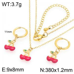 European and American fashion personality stainless steel creative fruit series drip cherry temperament gold 2-piece set - KS226902-GC