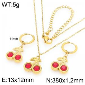 European and American fashion personality stainless steel creative fruit series three-dimensional zircon inlaid cherry temperament gold 2-piece set - KS226903-GC