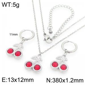 European and American fashion personality stainless steel creative fruit series three-dimensional zircon inlaid cherry temperament silver 2-piece set - KS226904-GC