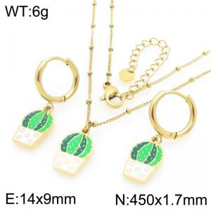 European and American fashion personality stainless steel creative plant series cactus pendant temperament gold earrings&necklace set - KS226949-Z