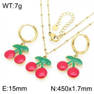 European and American fashion personality stainless steel creative fruit series cherry pendant temperament gold earrings&necklace set - KS226956-Z