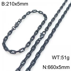 Black Stainless Steel Pig Nose Link Necklace-Bracelet Set - KS227058-KFC