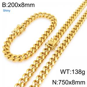 750cm Stainless Steel Set  Cuban Chain Shiny Gold Color - KS227147-ZLY