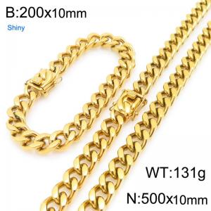 10mm Wide 500cm Long Stainless Steel Set Bracelet Necklace Cuban Chain Shiny Gold Color - KS227156-ZLY