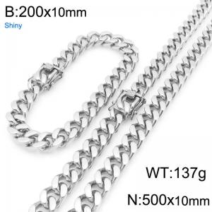 10mm Wide 500cm Long Stainless Steel Set Bracelet Necklace Cuban Chain Shiny Silver Color - KS227163-ZLY