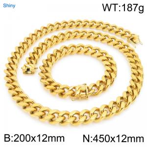 12mm Wide 450cm Long Stainless Steel Set Bracelet Necklace Cuban Chain Shiny Gold Color - KS227169-ZLY