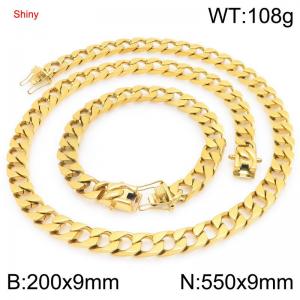9mm Gold-Plated Stainless Steel 55cm Necklace&Bracelet Cuban Chain Set - KS227377-ZLY