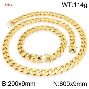 9mm Gold-Plated Stainless Steel 60cm Necklace&Bracelet Cuban Chain Set - KS227378-ZLY