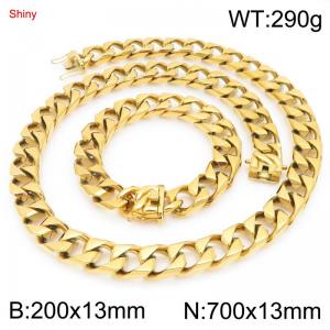 13mm Gold-Plated Stainless Steel 70cm Necklace&Bracelet Cuban Chain Set - KS227394-ZLY