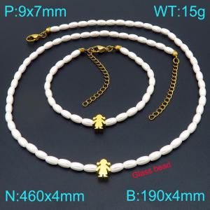Stainless steel little girl accessory splicing oval imitation pearl bead chain lobster buckle charm gold 2-piece set - KS228130-Z