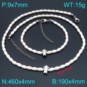 Stainless steel little girl accessory splicing oval imitation pearl bead chain lobster buckle charm silver 2-piece set - KS228131-Z