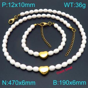 Stainless steel heart-shaped accessory splicing oval imitation pearl bead chain lobster buckle charm gold 2-piece set - KS228132-Z