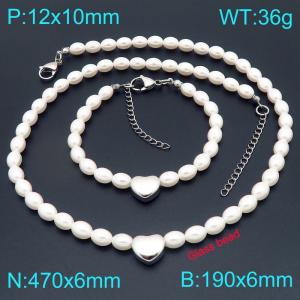 Stainless steel heart-shaped accessory splicing oval imitation pearl bead chain lobster buckle charm silver 2-piece set - KS228133-Z