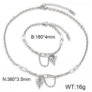 Trendy Titanium Steel Gold Heart Pendant Bracelet Necklace Set - KS228136-KLX