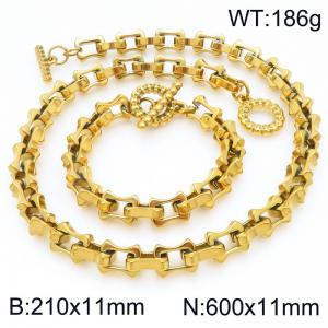 Fashion stainless steel 210× 11mm&600× 11mm hollow bone chain special OT buckle temperament gold set - KS228215-Z