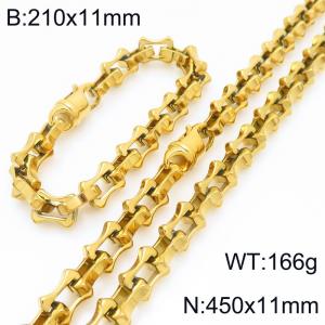 Fashion stainless steel 210 × 11mm&450 × 11mm hollow bone chain lobster buckle temperament gold set - KS228220-Z