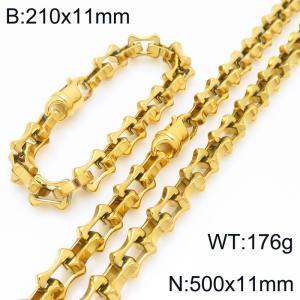 Fashion stainless steel 210 × 11mm&500 × 11mm hollow bone chain lobster buckle temperament gold set - KS228221-Z