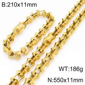 Fashion stainless steel 210 × 11mm&550 × 11mm hollow bone chain lobster buckle temperament gold set - KS228222-Z