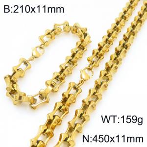 Fashion stainless steel 210 × 11mm&450 × 11mm hollow bone chain lobster buckle temperament gold set - KS228228-Z