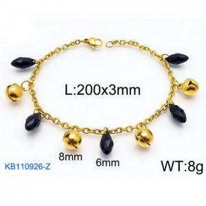 Fashion stainless steel 200 × 3mm O-chain black brick bead bell pendant jewelry charm gold bracelet - KB110926-Z