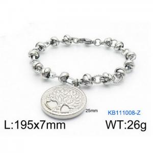 Fashion Stainless Steel 195 × 7mm special chain carved tree circular pendant jewelry charm silver bracelet - KB111008-Z