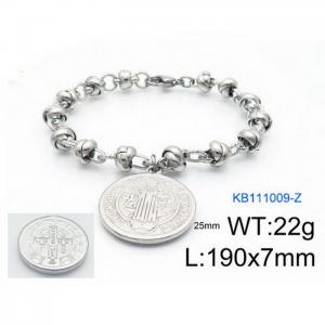 Fashion Stainless Steel 195 × 7mm special chain engraved pattern circular pendant jewelry charm silver bracelet - KB111009-Z