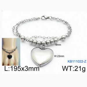 Fashion Stainless Steel 195 × 3mm double layered mixed chain beads paired with thick heart-shaped pendant jewelry charm silver bracelet - KB111022-Z