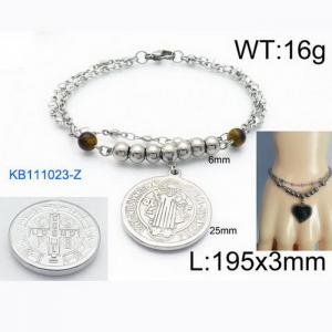 Fashion Stainless Steel 195 × 3mm double layered mixed chain beads paired with cross figure circular pendant jewelry charm silver bracelet - KB111023-Z