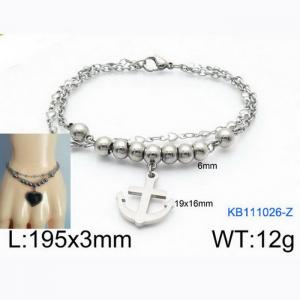 Fashion Stainless Steel 195 × 3mm double layered mixed chain beads paired with ship anchor pendant jewelry charm silver bracelet - KB111026-Z