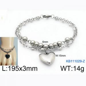 Fashion Stainless Steel 195 × 3mm double layered mixed chain beads paired with heart-shaped pendant jewelry charm silver bracelet - KB111029-Z