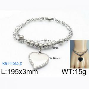 Fashion Stainless Steel 195 × 3mm double layered mixed chain beads paired with bead edge heart-shaped pendant jewelry charm silver bracelet - KB111030-Z