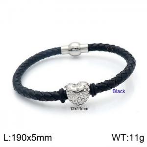 Popular black leather diamond studded heart-shaped openable titanium steel bracelet - KB132877-Z