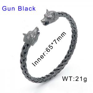 Mens Wolf Head Bracelet Steel Braided Cable Bangle Cuff Bracelet Polished, Adjustable Gun Black-plating Bangle - KB150655-KJX
