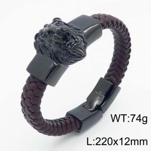Brown leather black lion head snap fastener men's woven leather bracelet - KB163664-JX