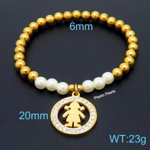 Hand make stainless steel simple style plastic pearls girl charm crystal with withe mud steel bead gold bracelet - KB164804-Z
