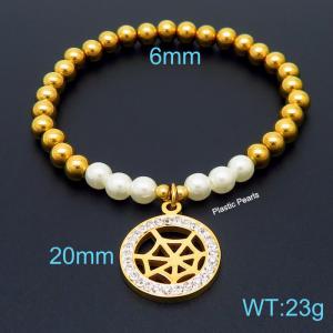 Hand make stainless steel simple style plastic pearls spider net charm crystal with withe mud steel bead gold bracelet - - KB164807-Z